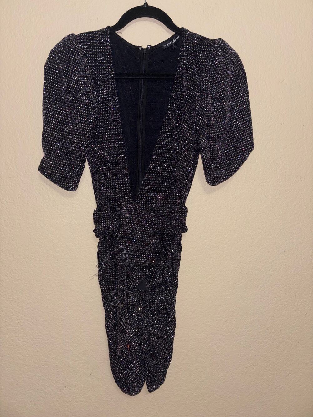For Love & Lemons black metallic sparkle ruched mini dress